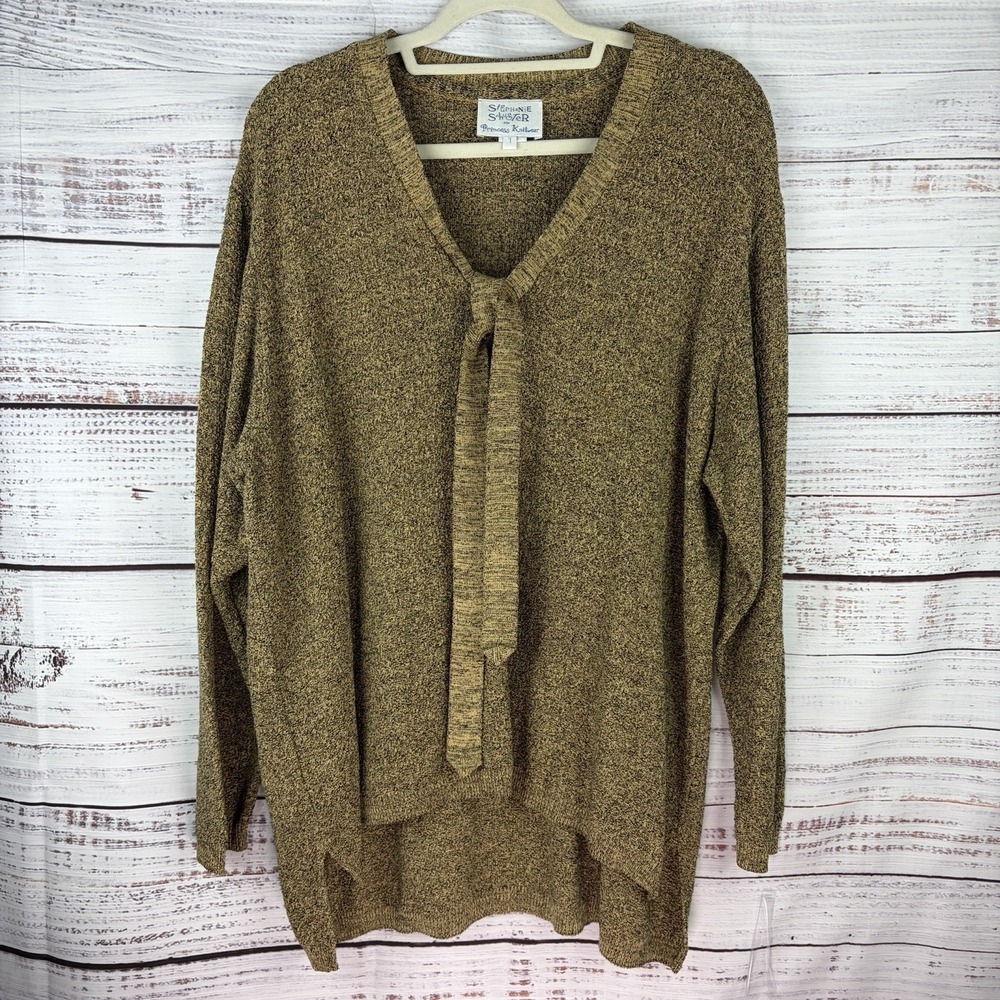 Stephanie Schuster Princess Knitwear Marled Mustard Yellow Vneck Sweater Bow VTG